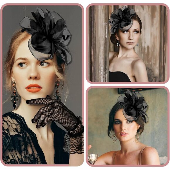 Vintage Black Feather Fascinator Hat with Lace Gloves for Tea Party Women Girl - Picture 6 of 8